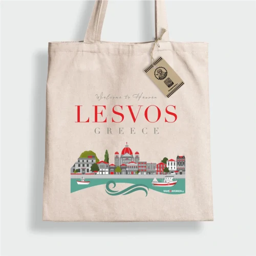 Lesvos - Welcome to paradise bag. Κραφτ Tote bag βαμβακερή με σχέδιο της προκυμαίας της Μυτιλήνης και την φράση LESVOS WELCOME TO PARADICE