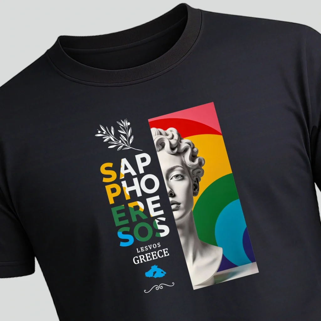 Μαύρο T-shirt με την φραση Sappho Eresos και το άγαλμα της Σαπφώς εικονογραφημένο με πολλά χρώματα