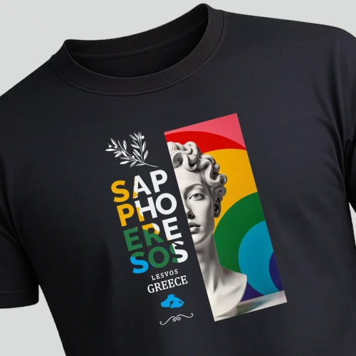 Μαύρο T-shirt με την φραση Sappho Eresos και το άγαλμα της Σαπφώς εικονογραφημένο με πολλά χρώματα