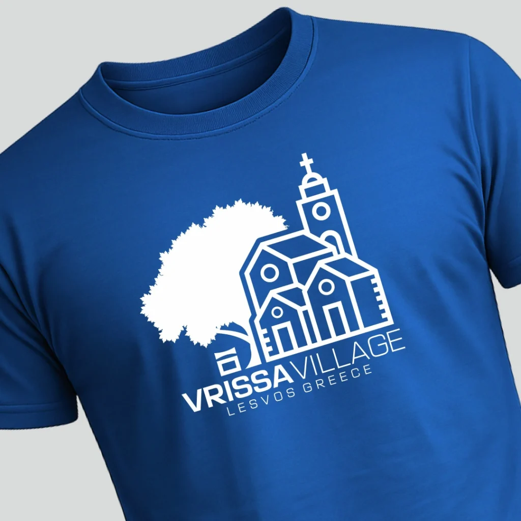 Μπλε T-shirt με λευκη εκτύπωση σχεδιο για το χωριο Βρισα Λέσβου vrissa village