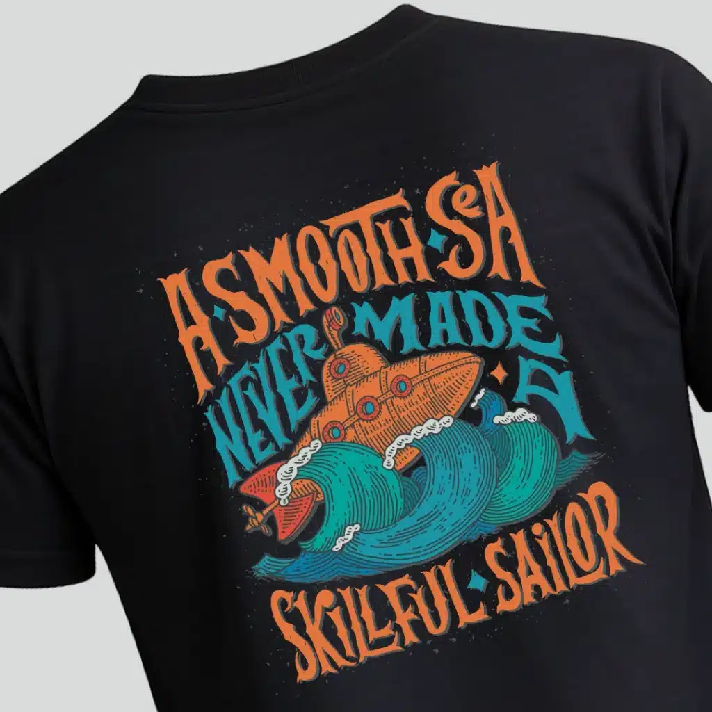 Skillfull Sailor. T-shirt μαύρο με εικαστικό ένα υποβρύχιο και την φραση A smooth sea never made a skillfull sailor