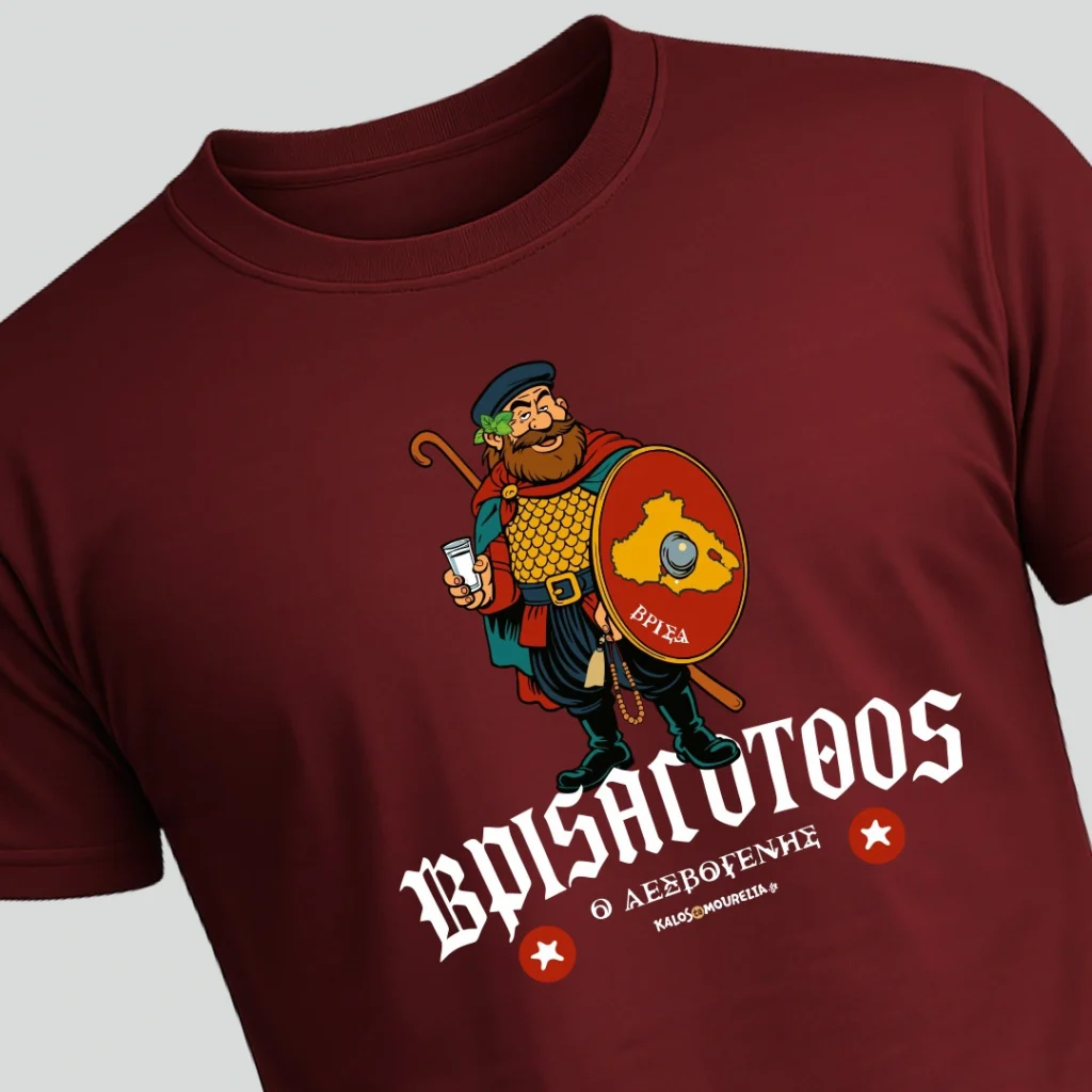 Βρισαγότθος. Μπορντώ t-shirt με σχέδιο ενο χωρικού πολεμιστη και τη φράση Βρισαγότθος αναφερόμενη στο χωριό της Λέσβου Βρίσα