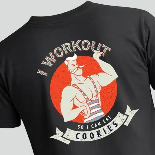 I workout so i can eat cookies. Το μαύρο μας t-shirt με clipart comic ενος retro ανδρα με παλιο μαγιό.