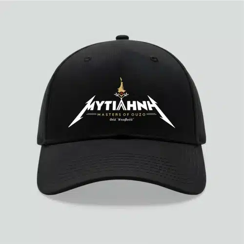 Mυτιλήνη Metallica. Καπελάκι με σχέδιο εμπνευσμένο από το γνωστό συγκρότημα με εκτυπωμένη τη λέξη ''Μυτιλήνη''