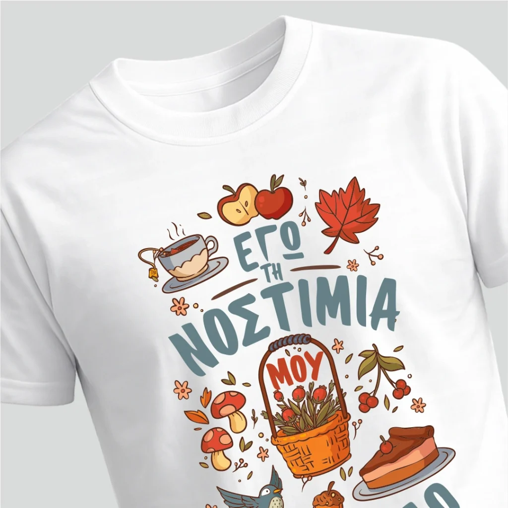 Εγώ τη νοστιμιά μου κουβαλάω. Λευκό t-shirt με σχέδια γλυκών φαγητων και άλλα και τη φράση Εγώ τη νοστιμιά μου κουβαλάω