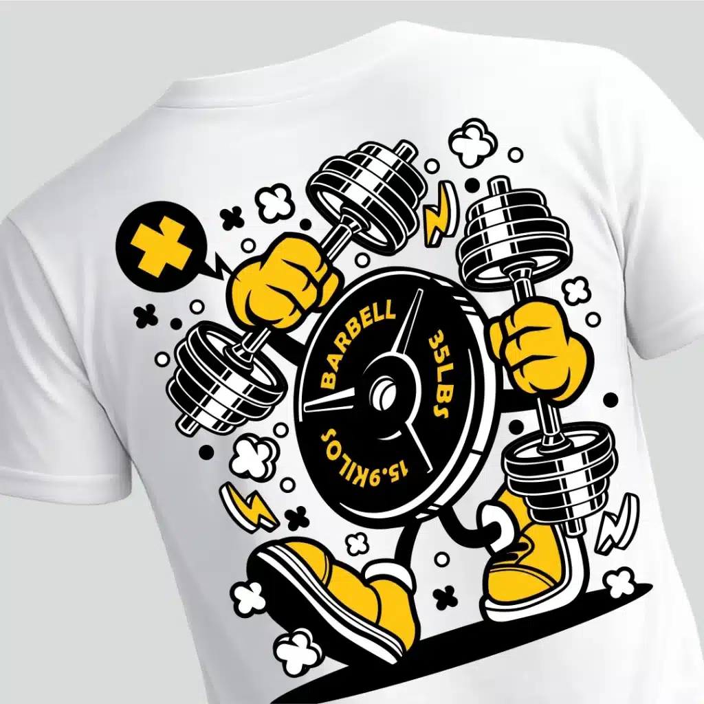 Barbell. Λευκό t-shirt με σχέδια με θέμα το γυμναστήριο, βάρη.